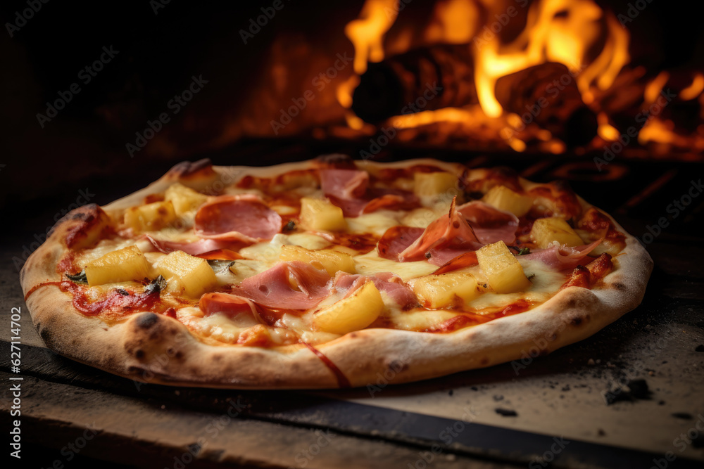 Tropical Delight. Pineapple Pizza Baked in Wood-Fired Oven. Culinary Paradise AI Generative