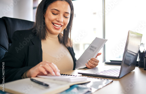 Accountant  woman and working with calculator for documents  financial report or analysis of audit  taxes or budget. Finance  employee or happy with investment  profit or planning growth in business