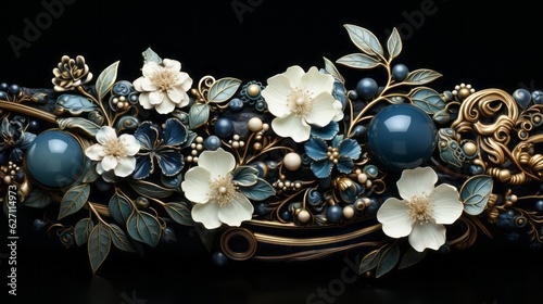 A floral border on black background with white and blue flowers and gold stems. Generative AI.  © Elle Arden 