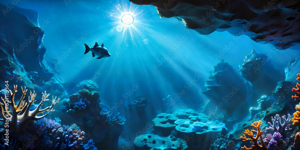 Fototapeta premium Undewater world landscape, reef, sea bottom with corals and seaweeds