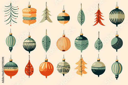 Canvastavla Hand-drawn cartoon Christmas ornaments flat art Illustrations in minimalist vect