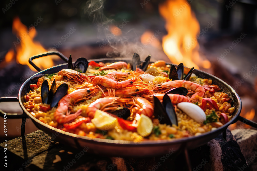 Making Delicious Seafood Paella on Open Fire