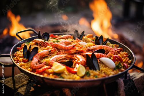 Making Delicious Seafood Paella on Open Fire