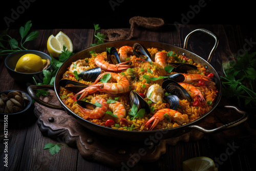 Delicious Seafood Paella in a Pan. Dark Background