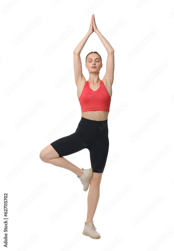 Young woman practicing yoga on white background Young woman practicing yoga on white background