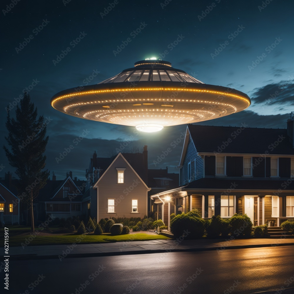 Big flying saucer UFO with warm white lights hovering over houses in town against dark sky at night