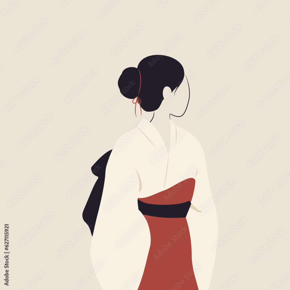 Japonka w tradycyjnej odzieży. Młoda dziewczyna w kimonie. Ilustracja wektorowa w stylu minimalistycznym. - obrazy, fototapety, plakaty 