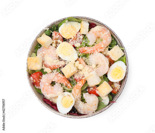 Delicious Caesar salad with shrimps isolated on white, top view