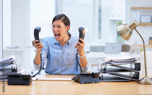Fotografiet Angry, scream and business woman on telephone for secretary career stress, frustrated and mental health problem
