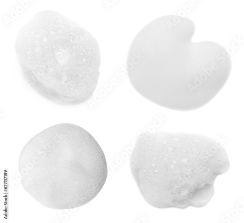 Collage with foam of cosmetic cleanser isolated on white, top view