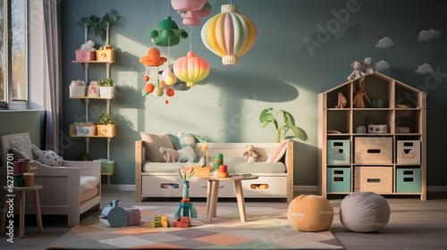 Modern style Nursery Bedroom. children s room interior. Kids Bedroom. Colorful Nursery Room Interior. Nursery Room Interior With a Copy Space. Nursery Interior. Made With Generative AI.