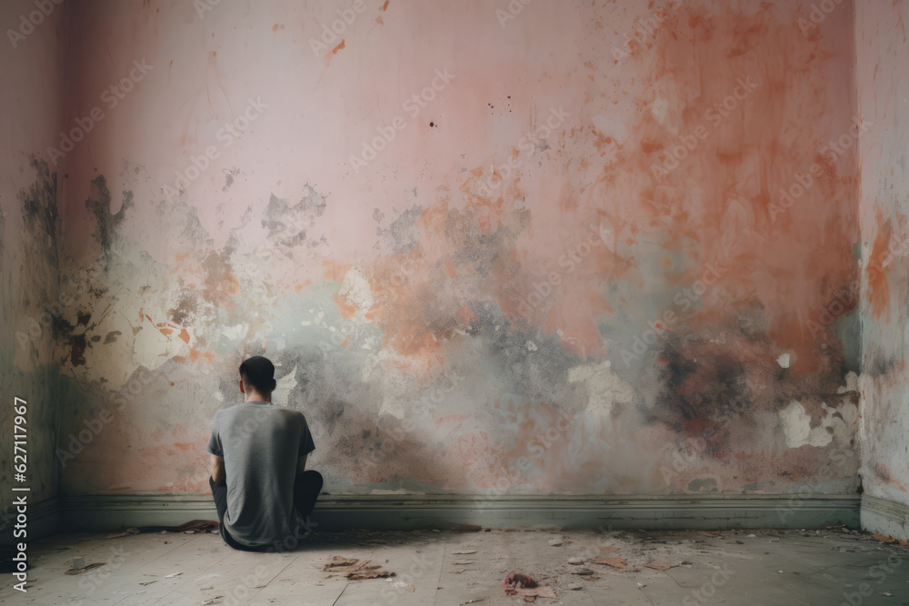 Man sitting infront of grunged old wall. Mental health, solitude, addiction concept. AI generative, illustration with copy space Man sitting infront of grunged old wall. Mental health, solitude, addiction concept. AI generative, illustration with copy space
