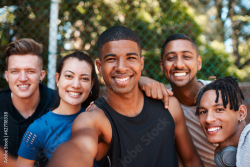Staying active automatically makes you happier too. Portrait of a group of sporty young people taking selfies together outdoors. © Malambo C/peopleimages.com