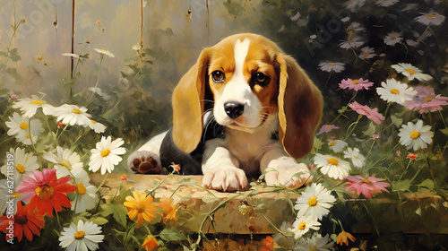 Beagle in flower garden on a summer day 