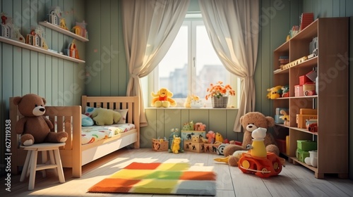 Kids Bedroom. Colorful Nursery Room Interior. Nursery Room Interior With a Copy Space. Modern style Nursery Bedroom. children's room interior. Nursery Interior. Made With Generative AI.