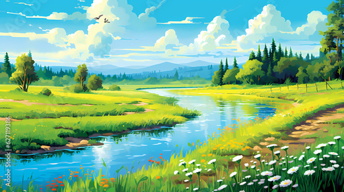Beautiful summer landscape. Small river. Green meadow. Forest. Clear sky. Bright warm colors. The beauty of the nature. Landscape work of art. AI generative image.