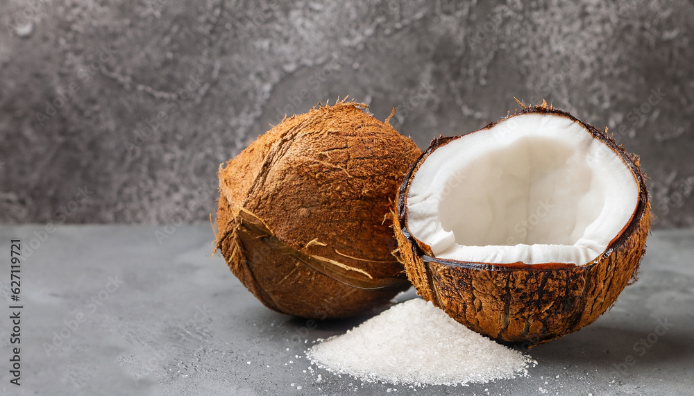 Coconut palm brown sugar and half of coconut fruit on grey concrete background. Copy space. Banner.
