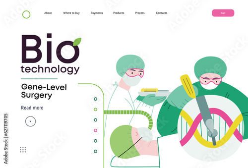 Bio Technology, Gene-Level Surgery -modern flat vector concept illustration of precise genetic modifications at the molecular leve. Metaphor of treating genetic disorders and enhancing human health