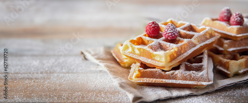 Belgian Waffles with Fresh Raspberry and a Dusting of Sugar - A Breakfast Fantasy.