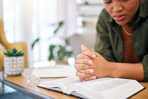 Canvas Print Woman, bible and prayer in home, desk and mindfulness for faith, religion and reading with hope for future