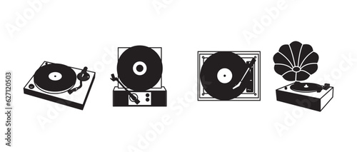 Gramophone Black and white set. Phonograph records. Device for mechanical sound reproduction. Vinyl record customizable illustration. Contour symbol. Vector isolated of turntables and record players.