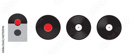  Gramophone vinyl LP record icon set, icon illustration, Vinyl Record with Cover . Gramophone record with label. Black vinyl record disc in paper case on white background, LP music