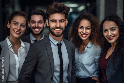 a show of unity, a row of Caucasian businesspeople poses for a group photo, showcasing their collective vision for the successful business corporation. generative AI.