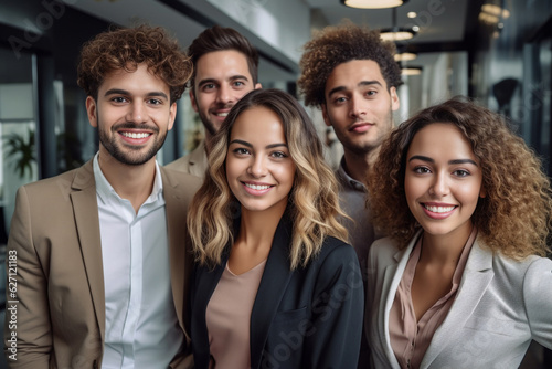 a show of unity, a row of Caucasian businesspeople poses for a group photo, showcasing their collective vision for the successful business corporation. generative AI.