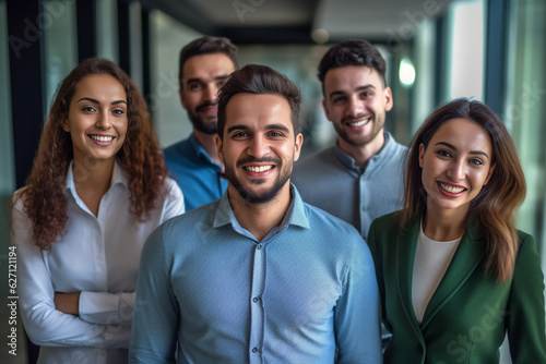 a show of unity, a row of Caucasian businesspeople poses for a group photo, showcasing their collective vision for the successful business corporation. generative AI.