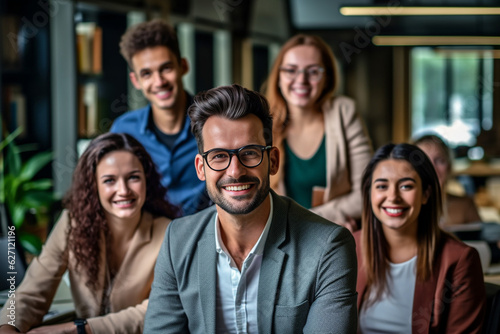 a show of unity, a row of Caucasian businesspeople poses for a group photo, showcasing their collective vision for the successful business corporation. generative AI.