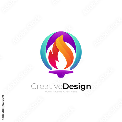Burning torch fire logo, 3d colorful design, sport logos