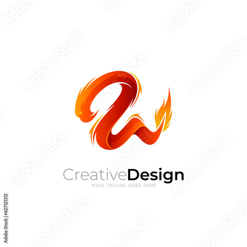 Dragon logo with fire design illustration, red color