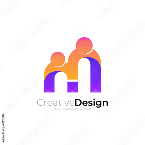 Letter M logo with family design community  3d colorful