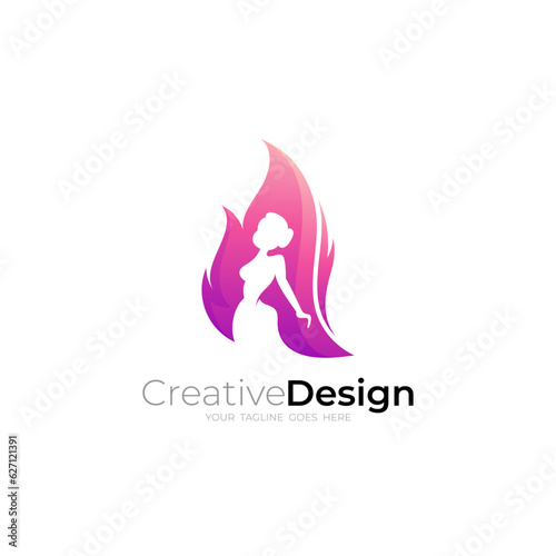 Fire logo and girl design combination, red color, people fire design