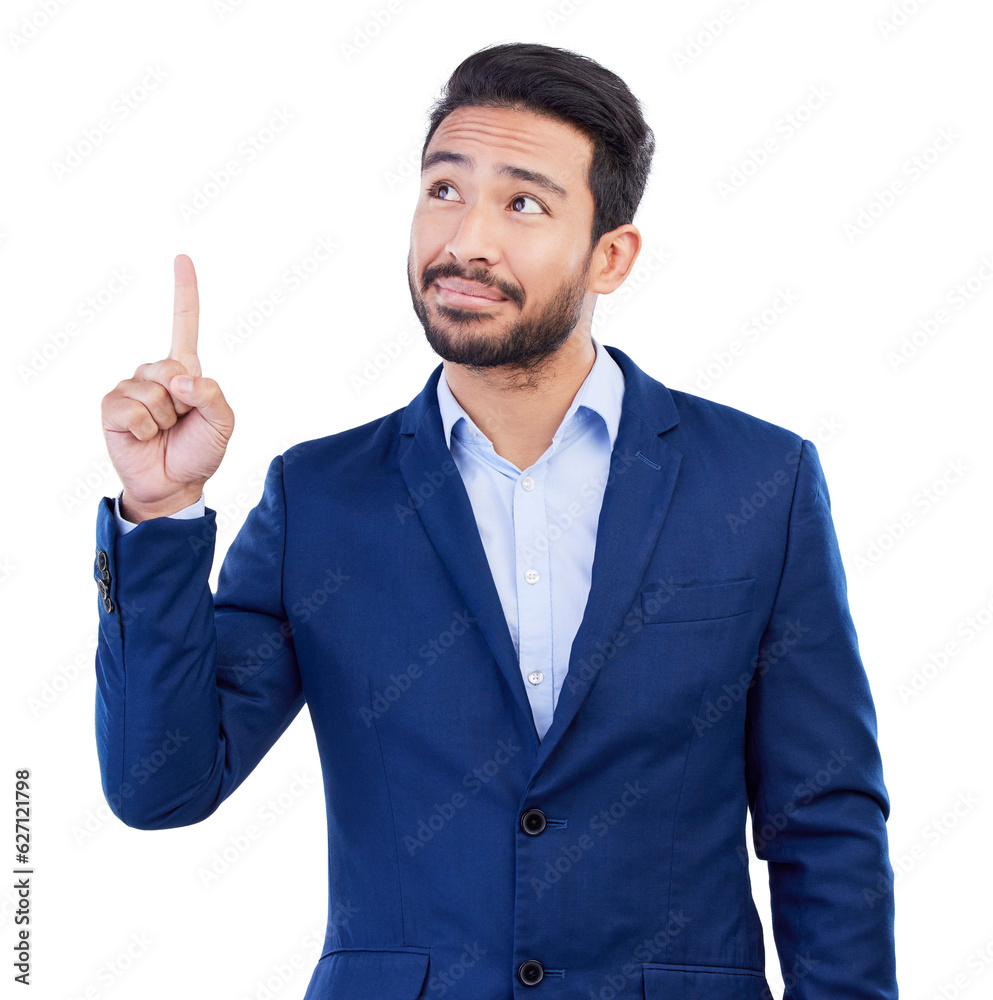 Business, asian man and pointing up in studio while thinking of ideas, advertising promotion and information on white background. Corporate worker show presentation of announcement, offer and insight Business, asian man and pointing up in studio while thinking of ideas, advertising promotion and information on white background. Corporate worker show presentation of announcement, offer and insight