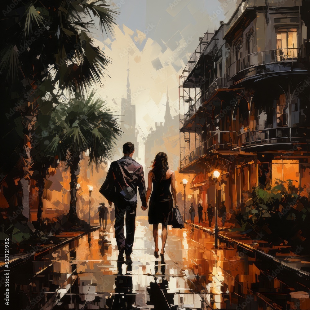 A couple in love walks down the street enjoying an evening in the city. Generative AI. 