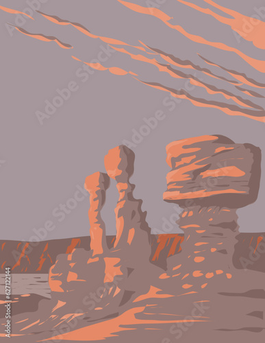 WPA poster art of rock formations in Ischigualasto Provincial Park or Parque Provincial Ischigualasto in San Juan Province,  Argentina done in works project administration or Art Deco style.
