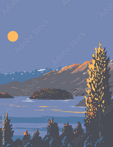 WPA poster art of Nahuel Huapi Lake or Lago Nahuel Huapí, an  Andean lake in northern Patagonia in Argentina done in works project administration or Art Deco style.
 photo