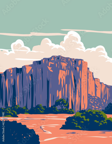WPA poster art of Talampaya National Park  or Parque Nacional Talampaya within area of the High Monte ecoregion in La Rioja Province, Argentina done in works project administration or Art Deco style.
