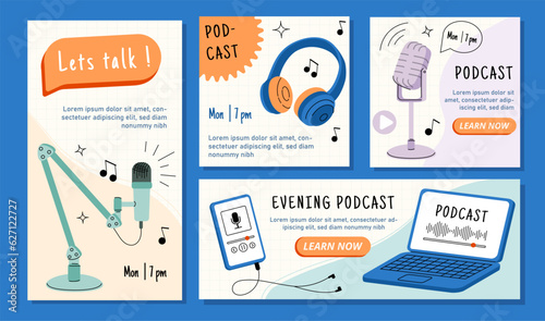 Banners with podcasts elements vector set