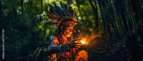 Illustration of a shaman traditional healer preparing for an ayahuasca ceremony in the Amazon rainforest. A hallucinogenic, healing, spiritual and, religious ritual.