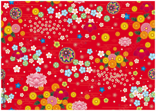 千代紙のような華やかな花々の和柄　シームレスなパターン