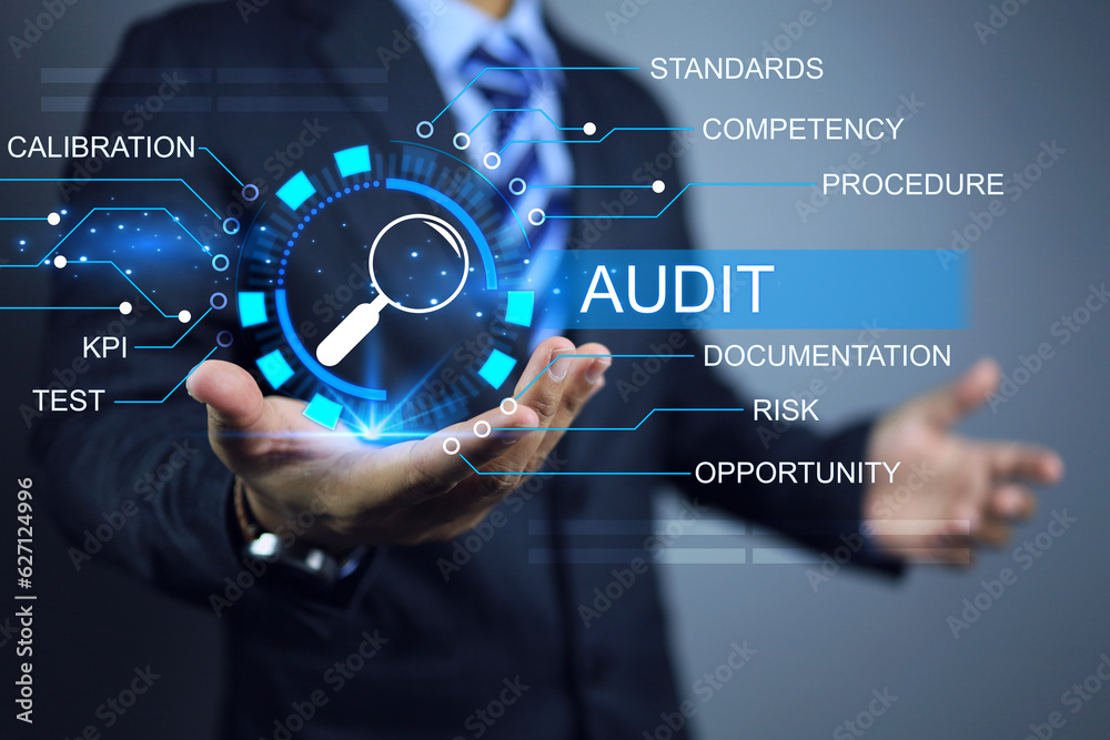 Auditor audit factory or annual assessment every year to ensure that activities are conducted in a correct way, not against the law and that there is a plan to meet the quality standards KPI target - obrazy, fototapety, plakaty 