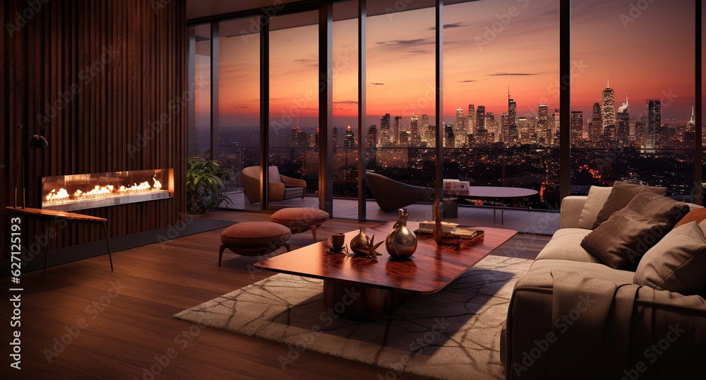 interior of living room in the night overseeing city landscape