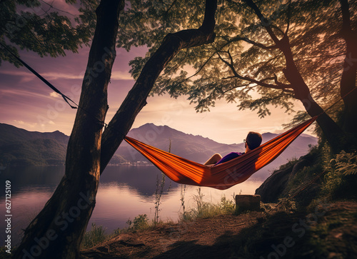 person in the hammock, relaxing before a lake in the sunset