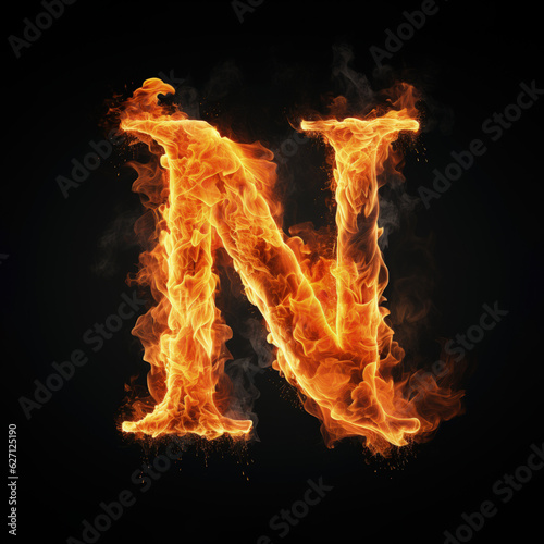 Capital letter N consisting of a flame. Burning letter N. Letter of fire flames alphabet on black background.