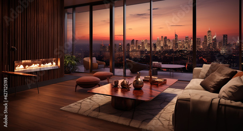 interior of living room in the night overseeing city landscape © Yi_Studio