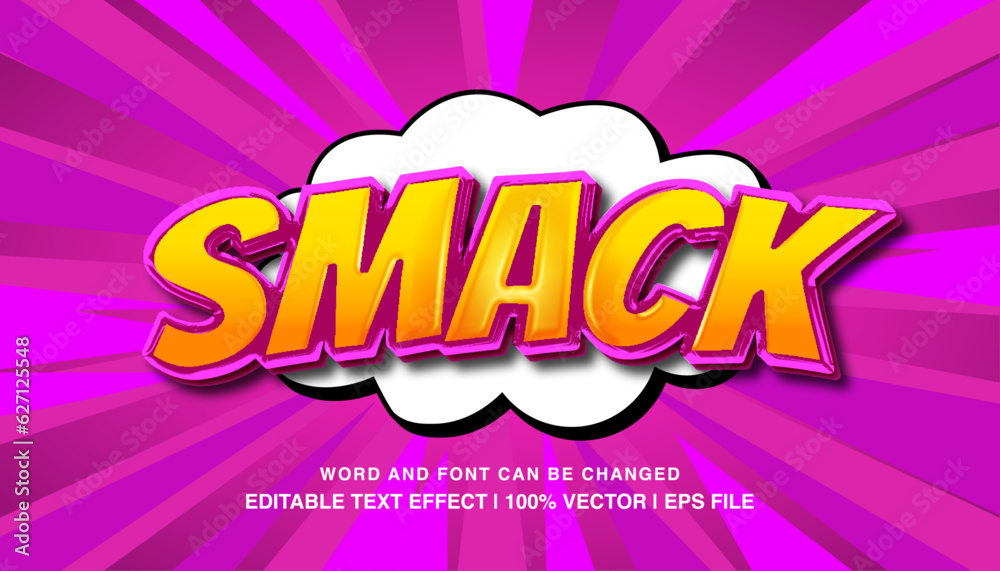 Smack comic editable text effect template, 3d bold glossy cartoon style typeface, premium vector