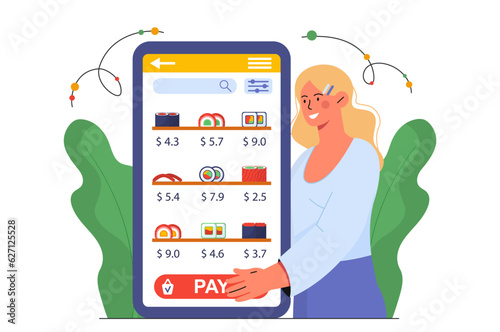 Woman with sushi delivery vector concept