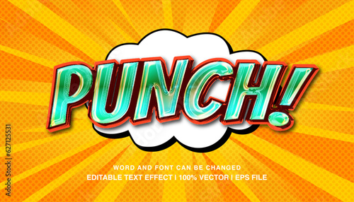 Punch comic editable text effect template, 3d bold glossy cartoon style typeface, premium vector